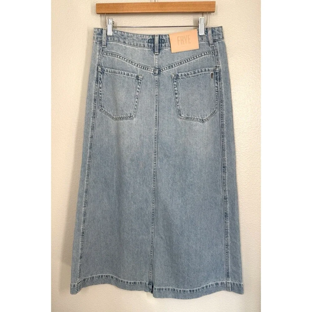 NWOT FRYE‎ Denim Mid Rise Midi Skirt Size 28 Light Wash Split Preppy Grunge 90s